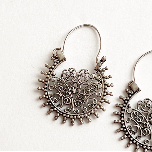 Sterling Silver Bohemian Hoop Earrings India Scroll Design - Picture 2 of 9